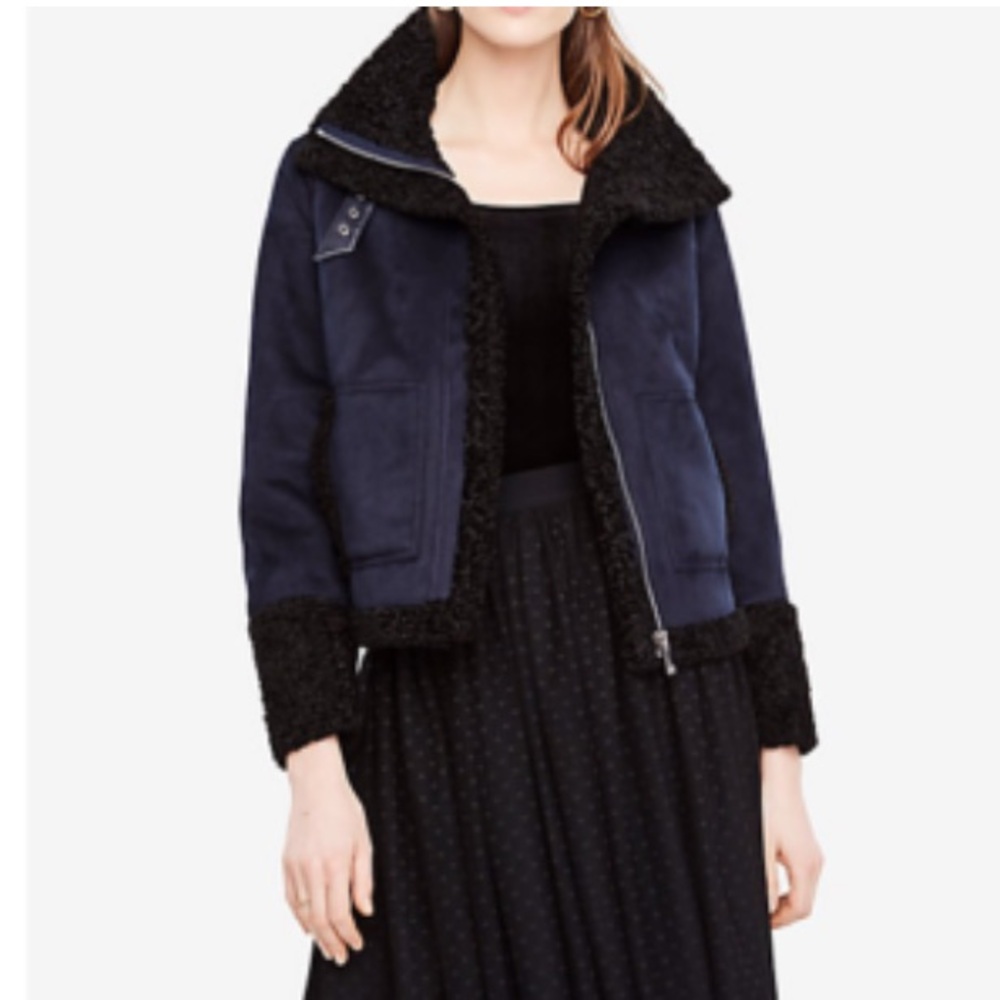 NWOT ANN TAYLOR NAVY BLUE FAUX SUEDE BLACK SHERPA JACKET COAT SIZE 8